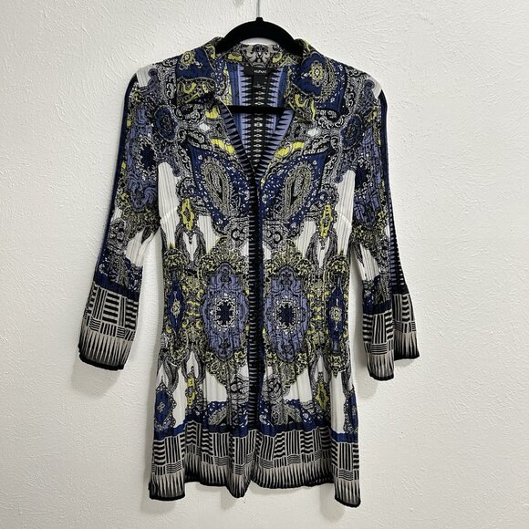Alfani Paisley Geo Button Front Tunic Blouse Pleated Chiffon Blue White Size 12 - Picture 1 of 12